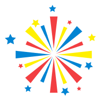 Colorful starburst graphic with red, blue, and yellow rays radiating from the center, surrounded by small stars on a transparent background.