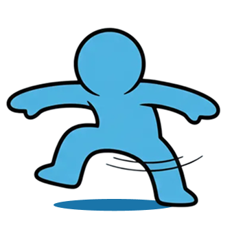Blue cartoon figure mid jump with arms outstretched and one leg lifted, casting a small shadow below on a transparent background.