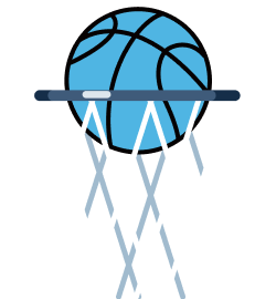 Blue basketball passing through a hoop with a white net, shown as a simple icon on a light background.