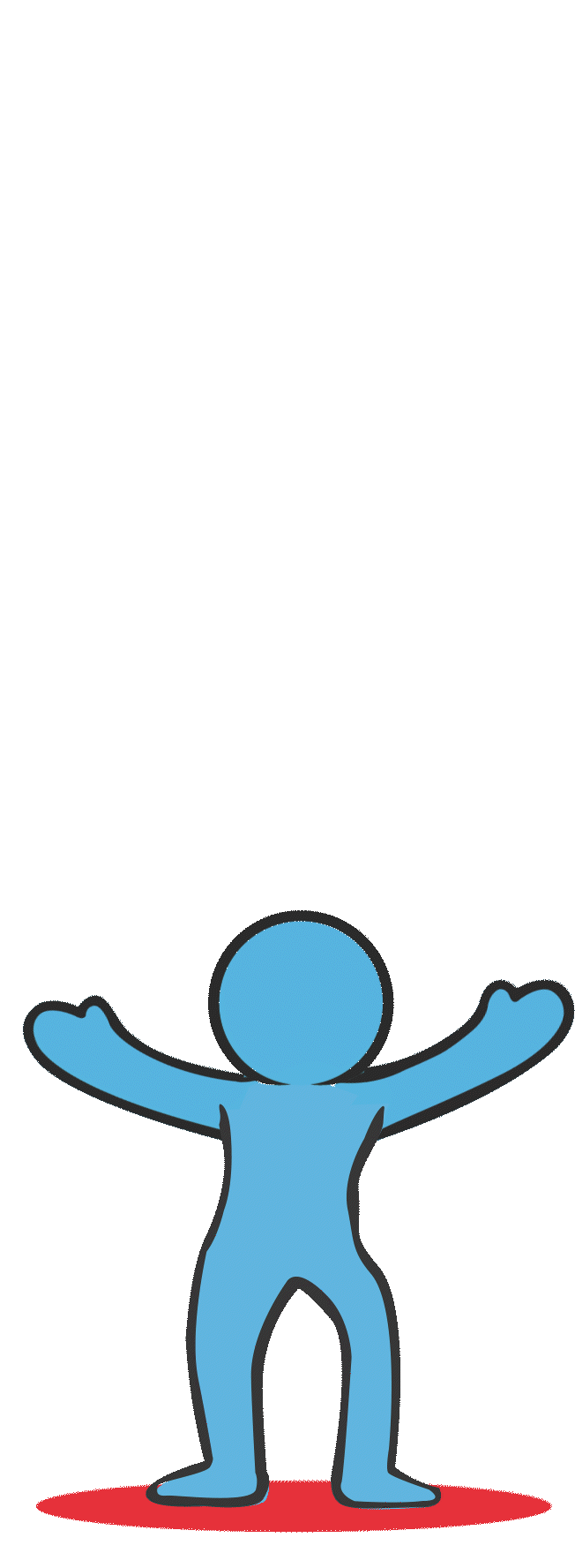 Blue cartoon figure with arms raised in a jumping pose, standing on a red oval shadow against a transparent background.