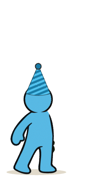 Blue cartoon figure wearing a striped party hat and holding a balloon in one hand, standing against a transparent background.