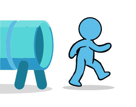 Blue cartoon figure walking toward a cylindrical play tunnel with short legs, set against a light background.