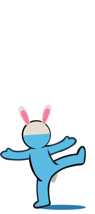 Blue cartoon figure balancing on one leg with arms outstretched, wearing pink bunny ears on its head, on a transparent background.
