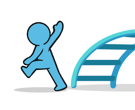 Blue cartoon figure stepping up with one arm raised beside a curved climbing frame structure on a light background.