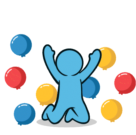 Blue cartoon figure jumping with arms raised, surrounded by red, blue, and yellow balloons on a transparent background.