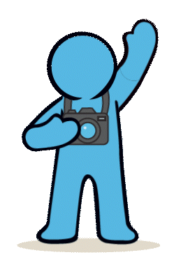 Blue cartoon figure holding a camera against its chest with one arm raised, on a transparent background.