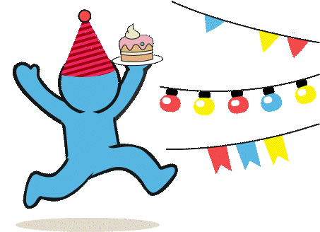 Blue cartoon figure jumping with arms raised, surrounded by red, blue, and yellow balloons on a transparent background.