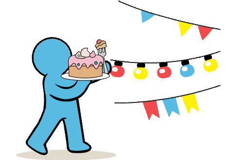 Cartoon blue faceless character holding a pink frosted cake with a slice on a fork, standing under colorful string lights and triangular party banners.