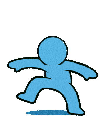 Blue cartoon figure mid jump with arms outstretched and one leg lifted, casting a small shadow below on a transparent background.